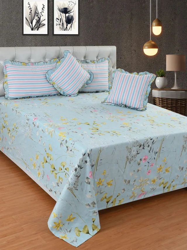 MORADO Glace Cotton 5 Pcs Frill Bedding Set | Double Bed Size Bedsheet With 2 Pillow Covers And 2 Filled Cushions (108x108 Inches - Blue) - 108x108 Inches, Blue