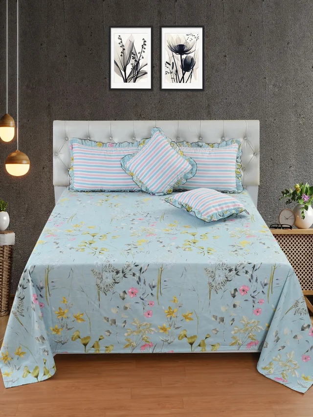 MORADO Glace Cotton 5 Pcs Frill Bedding Set | Double Bed Size Bedsheet With 2 Pillow Covers And 2 Filled Cushions (108x108 Inches - Blue) - 108x108 Inches, Blue