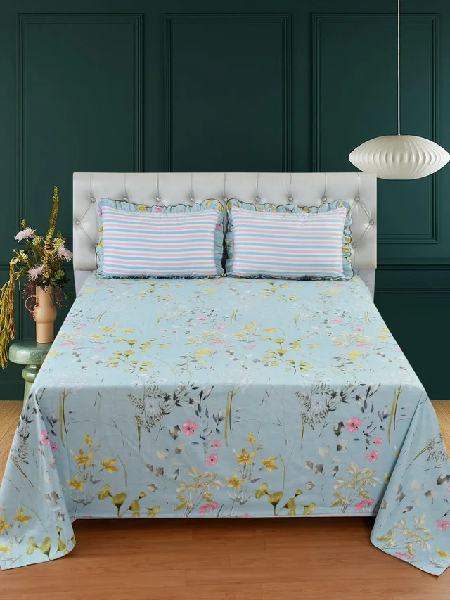 MORADO Glace Cotton King Size Bedsheet with 2 Pillow Covers with Frill (108x108, Inches) - 108x108 Inches, Blue
