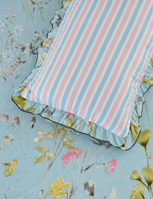 MORADO Glace Cotton King Size Bedsheet with 2 Pillow Covers with Frill (108x108, Inches) - 108x108 Inches, Blue
