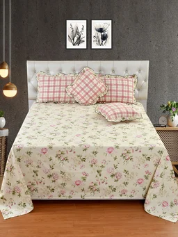 MORADO Glace Cotton 5 Pcs Frill Bedding Set | Double Bed Size Bedsheet With 2 Pillow Covers And 2 Filled Cushions (108x108 Inches - Off White) - 108x108 Inches, Off White
