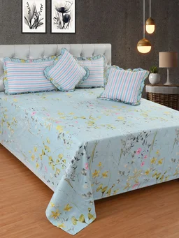 MORADO Glace Cotton 5 Pcs Frill Bedding Set | Double Bed Size Bedsheet With 2 Pillow Covers And 2 Filled Cushions (108x108 Inches - Blue) - 108x108 Inches, Blue