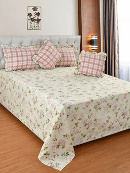 MORADO Glace Cotton 5 Pcs Frill Bedding Set | Double Bed Size Bedsheet With 2 Pillow Covers And 2 Filled Cushions (108x108 Inches - Off White) - 108x108 Inches, Off White