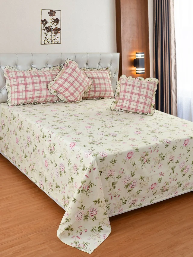 MORADO Glace Cotton 5 Pcs Frill Bedding Set | Double Bed Size Bedsheet With 2 Pillow Covers And 2 Filled Cushions (108x108 Inches - Off White) - 108x108 Inches, Off White