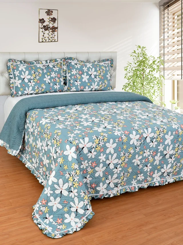 MORADO Glace Cotton Luxury Ultrasonic Printed Lightweight All Season Bedspreads/Quilted Bed Cover With 2 King Size Pillow Covers - (90x100 inches - Grey) - 90x100 Inches, Grey