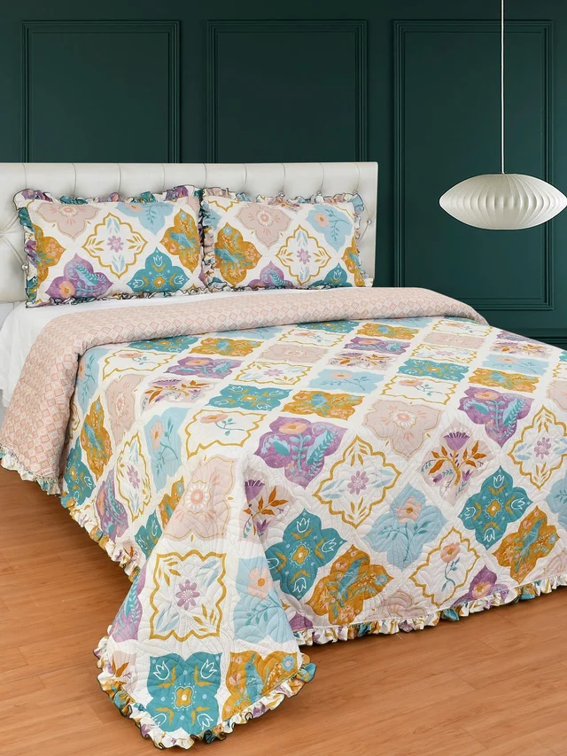 MORADO Glace Cotton Luxury Ultrasonic Printed Lightweight All Season Bedspreads/Quilted Bed Cover With 2 King Size Pillow Covers - (90x100 inches - Multicolor) - 90x100 Inches, Purple