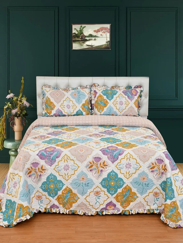 MORADO Glace Cotton Luxury Ultrasonic Printed Lightweight All Season Bedspreads/Quilted Bed Cover With 2 King Size Pillow Covers - (90x100 inches - Multicolor) - 90x100 Inches, Purple