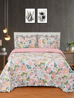 MORADO Poly Cotton Luxury Ultrasonic Printed Lightweight All Season Bedspreads/Quilted Bed Cover With 2 King Size Pillow Covers - (90x100 inches - Pink) - 90x100 Inches, Pink