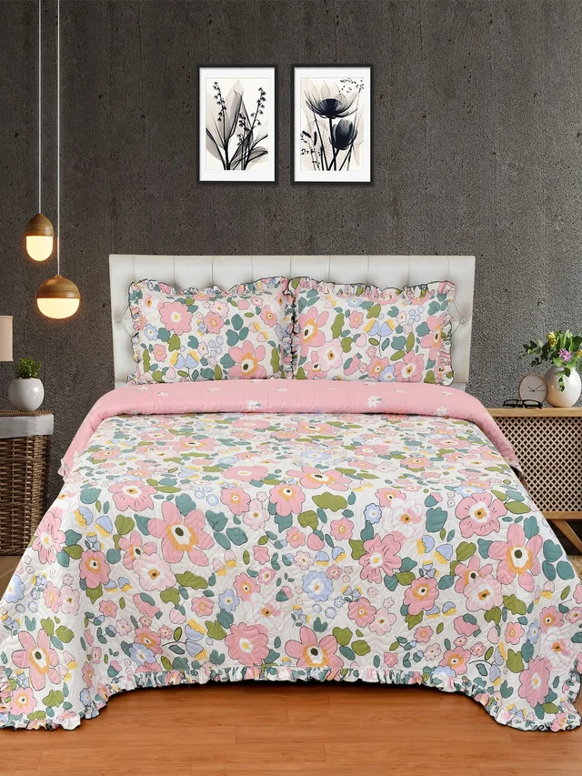 MORADO Poly Cotton Luxury Ultrasonic Printed Lightweight All Season Bedspreads/Quilted Bed Cover With 2 King Size Pillow Covers - (90x100 inches - Pink) - 90x100 Inches, Pink