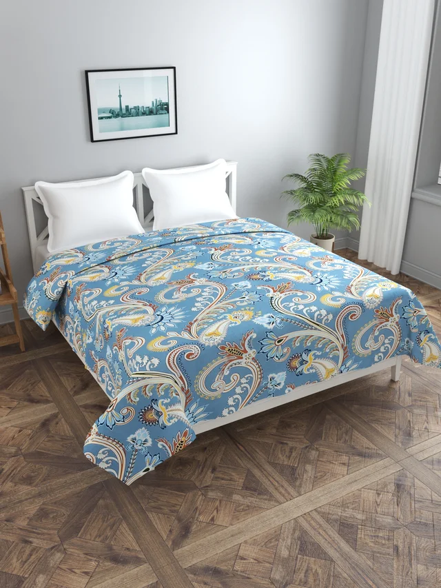MORADO Glace Cotton Double / Duvet Cover / Rajai Cover / Blanket Cover with Zipper (90x100 Inches, Offwhite Blue) - 90x100 Inches, Blue