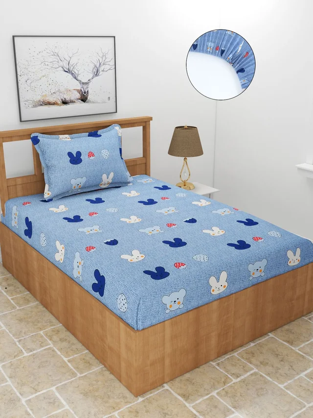 MORADO Premium Casement CottonElastic Fitted Single Bedsheet with 1 Pillow Cover (36x72x8 Inches) - Blue