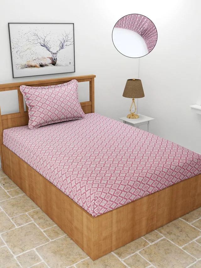 MORADO Premium Casement CottonElastic Fitted Single Bedsheet with 1 Pillow Cover (36x72x8 Inches) - Pink