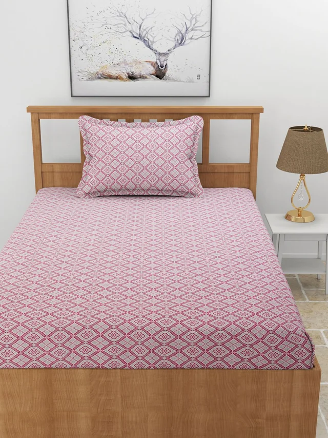 MORADO Premium Casement CottonElastic Fitted Single Bedsheet with 1 Pillow Cover (36x72x8 Inches) - Pink