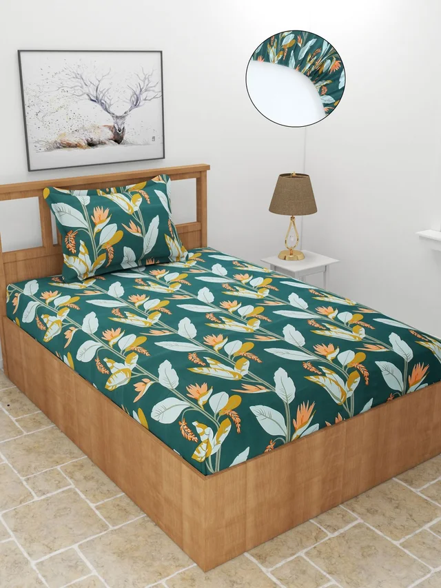 MORADO Premium Glace Cotton Elastic Fitted Single Bedsheet with 1 Pillow Cover (36x72x8 Inches) - Green
