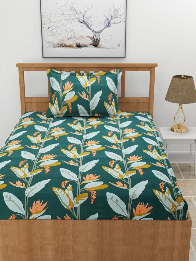 MORADO Premium Glace Cotton Elastic Fitted Single Bedsheet with 1 Pillow Cover (36x72x8 Inches) - Green