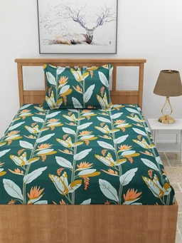 MORADO Premium Glace Cotton Elastic Fitted Single Bedsheet with 1 Pillow Cover (36x72x8 Inches) - Green