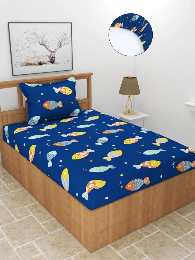 MORADO Premium Glace Cotton Elastic Fitted Single Bedsheet with 1 Pillow Cover (36x72x8 Inches) - Blue