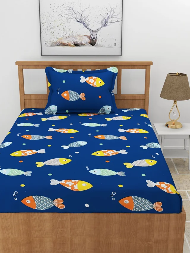MORADO Premium Glace Cotton Elastic Fitted Single Bedsheet with 1 Pillow Cover (36x72x8 Inches) - Blue
