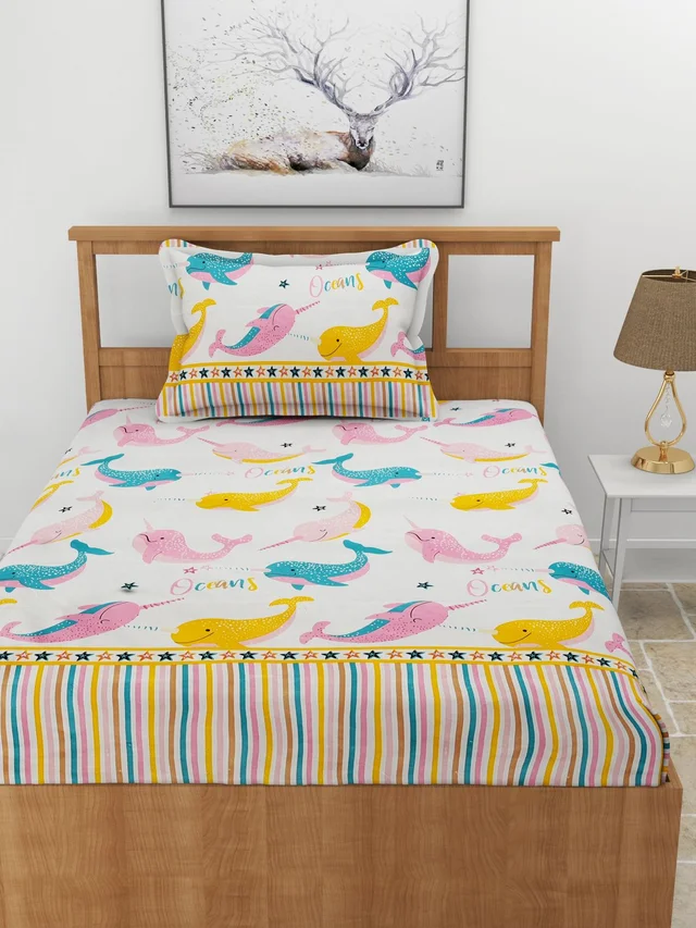 MORADO Premium Glace Cotton Elastic Fitted Single Bedsheet with 1 Pillow Cover (36x72x8 Inches) - Offwhite