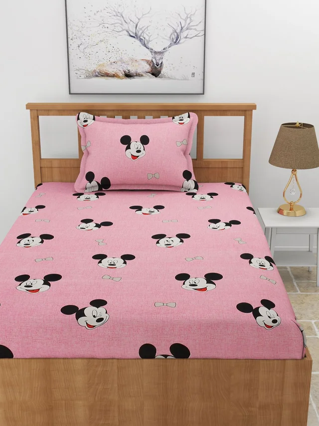 MORADO Premium Glace Cotton Elastic Fitted Single Bedsheet with 1 Pillow Cover (36x72x8 Inches) - Pink