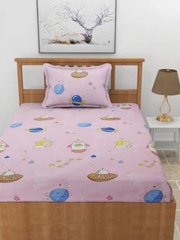 MORADO Premium Glace Cotton Elastic Fitted Single Bedsheet with 1 Pillow Cover (36x72x8 Inches) - Pink