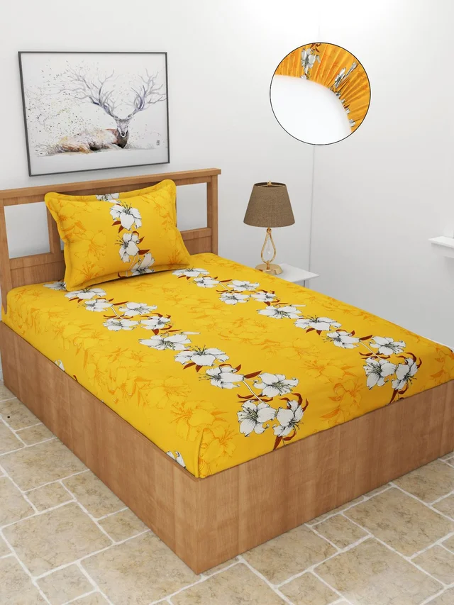 MORADO Premium Glace Cotton Elastic Fitted Single Bedsheet with 1 Pillow Cover (36x72x8 Inches) - Mustard