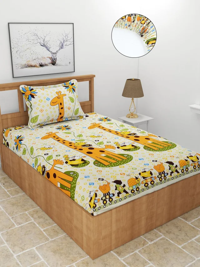 MORADO Premium Glace Cotton Elastic Fitted Single Bedsheet with 1 Pillow Cover (36x72x8 Inches) - Yellow