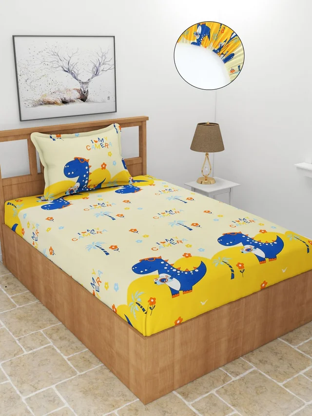 MORADO Premium Glace Cotton Elastic Fitted Single Bedsheet with 1 Pillow Cover (36x72x8 Inches) - Yellow
