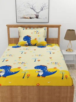 MORADO Premium Glace Cotton Elastic Fitted Single Bedsheet with 1 Pillow Cover (36x72x8 Inches) - Yellow