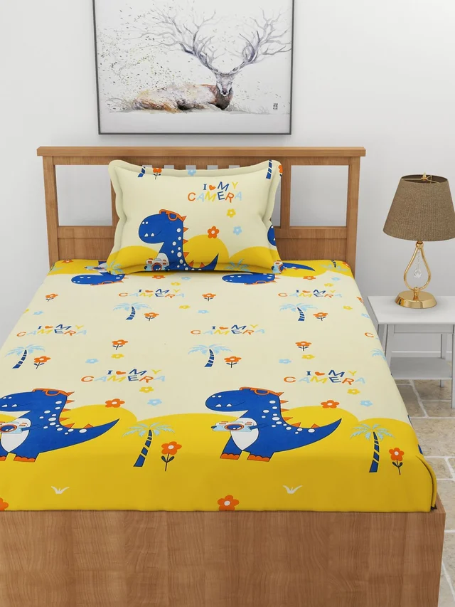 MORADO Premium Glace Cotton Elastic Fitted Single Bedsheet with 1 Pillow Cover (36x72x8 Inches) - Yellow