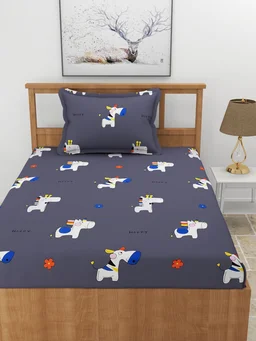 MORADO Premium Glace Cotton Elastic Fitted Single Bedsheet with 1 Pillow Cover (36x72x8 Inches) - Blue