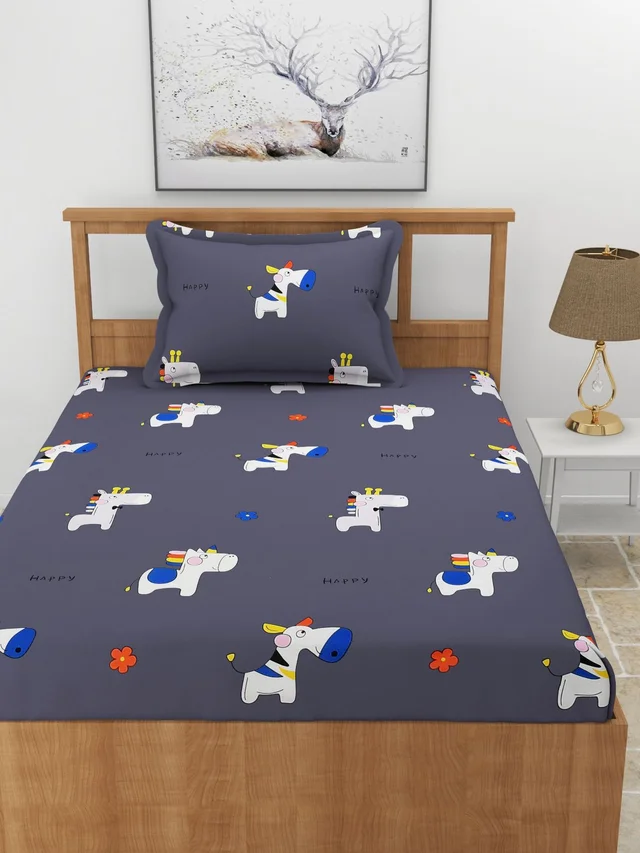MORADO Premium Glace Cotton Elastic Fitted Single Bedsheet with 1 Pillow Cover (36x72x8 Inches) - Blue