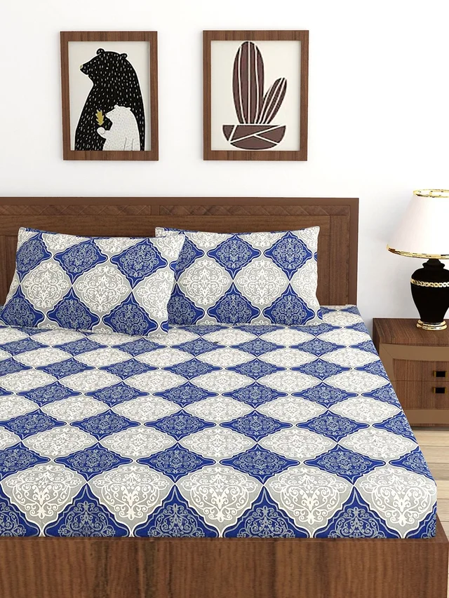 MORADO Premium Cotton Casement Double Bed Bedsheet with 2 Pillow Covers (90x100 Inches) - Blue White