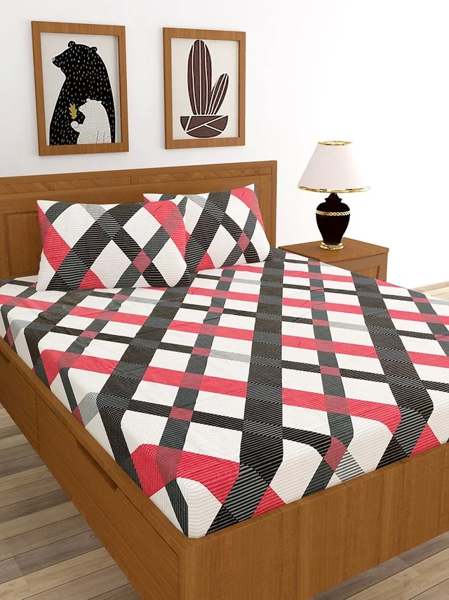 MORADO Premium Cotton Casement Double Bed Bedsheet with 2 Pillow Covers (90x100 Inches) - Red Black