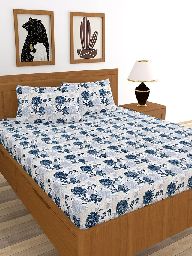 MORADO Premium Cotton Casement Double Bed Bedsheet with 2 Pillow Covers (90x100 Inches) - White Blue