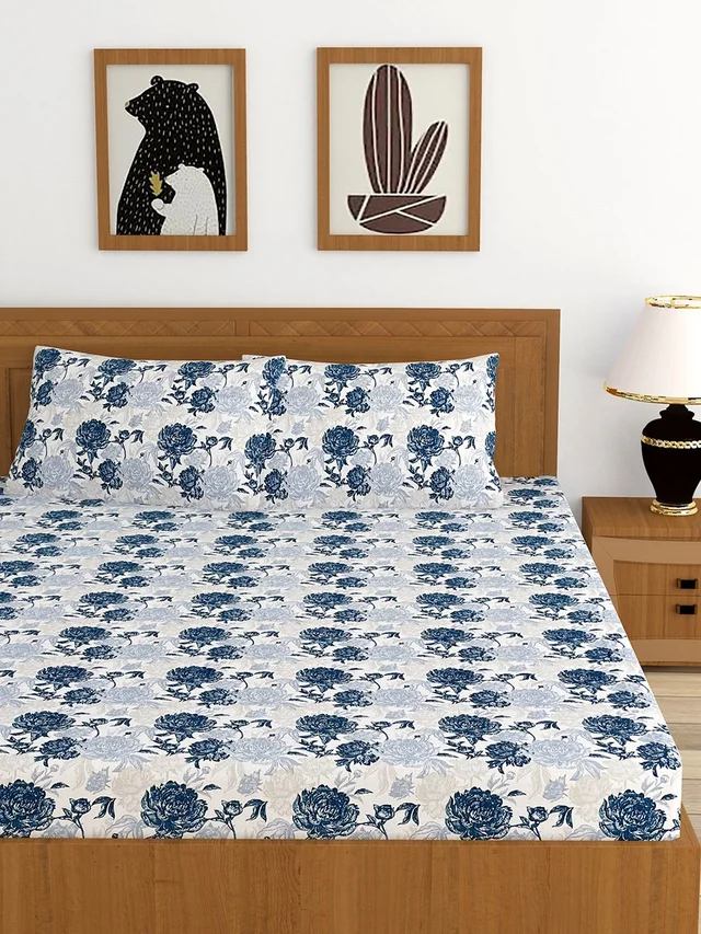 MORADO Premium Cotton Casement Double Bed Bedsheet with 2 Pillow Covers (90x100 Inches) - White Blue