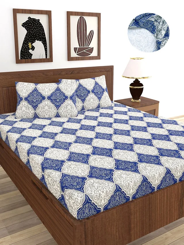 MORADO Premium Cotton Casement Elastic Fitted Double Bedsheet with 2 Pillow Covers (72x78x8 Inches) - Blue White