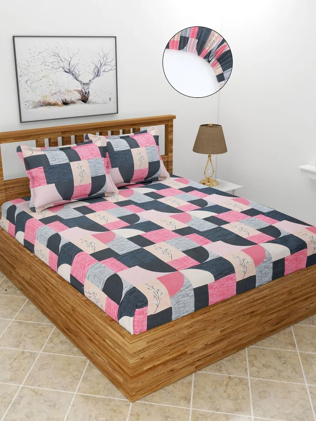 MORADO Premium Cotton Casement Elastic Fitted Double Bedsheet with 2 Pillow Covers (72x78x8 Inches) - Pink