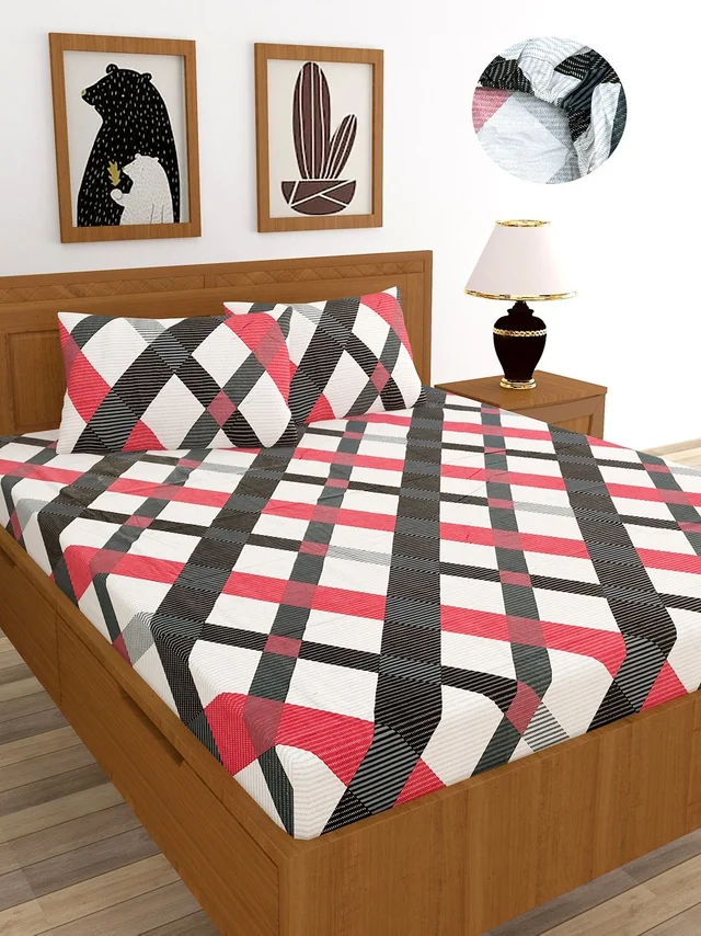 MORADO Premium Cotton Casement Elastic Fitted Double Bedsheet with 2 Pillow Covers (72x78x8 Inches) - Red Black
