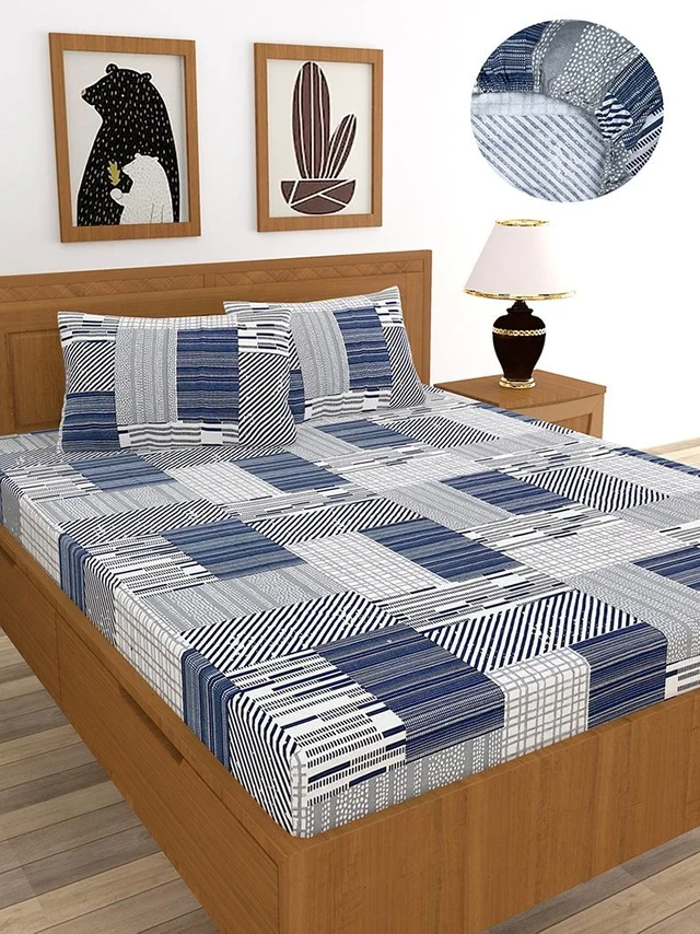 MORADO Premium Cotton Casement Elastic Fitted Double Bedsheet with 2 Pillow Covers (72x78x8 Inches) - Grey