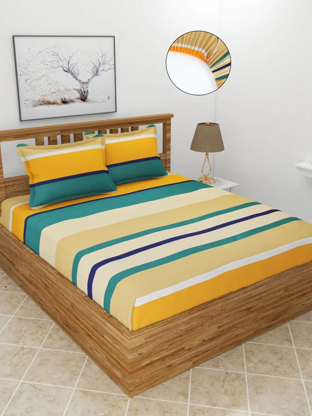 MORADO Premium Glace Cotton Elastic Fitted Double Bedsheet with 2 Pillow Covers (72x78x8 Inches) - Multicolor