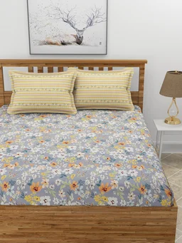 MORADO Premium Glace Cotton 210 GSM King Size Double Bedsheet with 2 Pillow Covers (108x108, Inches) - 108x108 Inches, Grey