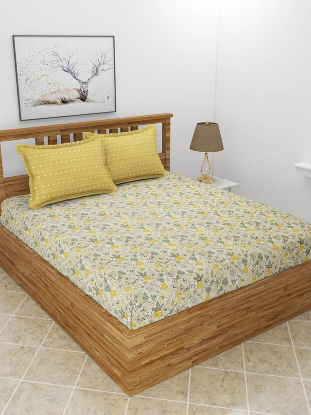 MORADO Premium Glace Cotton King Size Elastic Fitted Bedsheet with 2 Pillow Covers (72x78x8 Inches, Yellow) - 72x78x10 Inches, Yellow