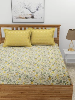 MORADO Premium Glace Cotton King Size Elastic Fitted Bedsheet with 2 Pillow Covers (72x78x8 Inches, Yellow) - 72x78x10 Inches, Yellow