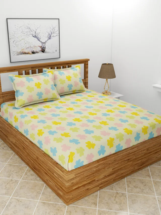 MORADO Premium Glace Cotton Double Bedsheet with 2 King Size Pillow Covers (90x100, Inches) - 90x100 Inches, Multicolor
