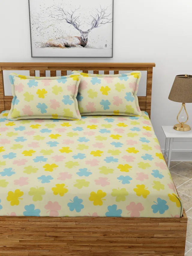 MORADO Premium Glace Cotton Double Bedsheet with 2 King Size Pillow Covers (90x100, Inches) - 90x100 Inches, Multicolor