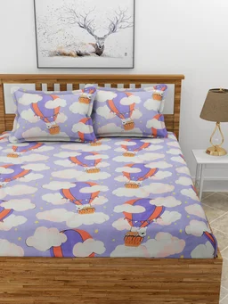 MORADO Premium Glace Cotton Elastic Fitted Double Bedsheet with 2 King Size Pillow Covers (72x78x8 Inches, Purple) - 72x78x8 Inches