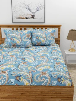 MORADO Premium Glace Cotton Elastic Fitted Double Bedsheet with 2 King Size Pillow Covers (72x78x8 Inches, Blue) - 72x78x8 Inches, Blue