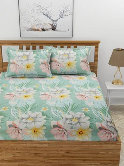 MORADO Premium Glace Cotton Elastic Fitted Double Bedsheet with 2 Pillow Covers (72x78x10 Inches, Green) - 72x78x10 Inches