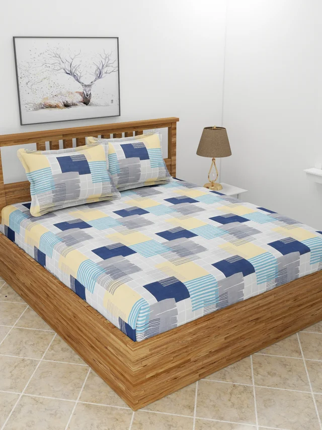 MORADO Premium Glace Cotton 210 GSM King Size Double Bedsheet with 2 Pillow Covers (108x108, Inches) - 108x108 Inches, Blue